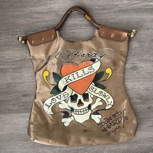 Ed Hardy Bronze Tote with Skull and Heart Design